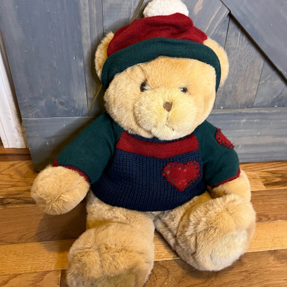 * 18” Teddy Bear Wearing his Heart on his Sleeve and Chest, red/green Christmas